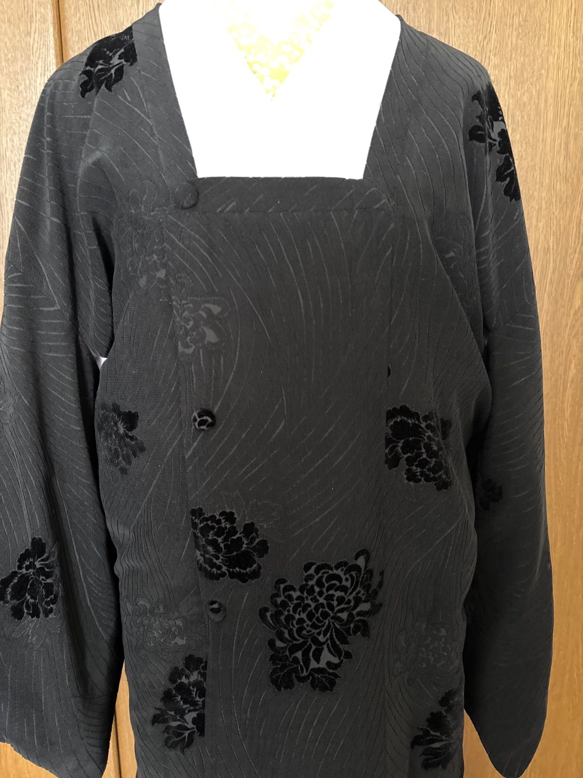 輪奈ビロードコート 流水お花柄 道行 黒 裄65