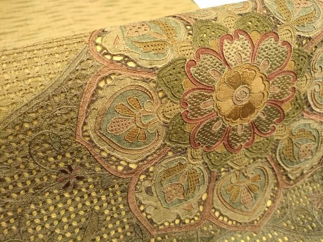 逸品 中国3大刺繍 汕頭刺繍 紬地 袋帯 平和屋着物▽中国三大刺繍 汕頭刺繍 スワトウ刺繍 袋帯 地紙鳳凰