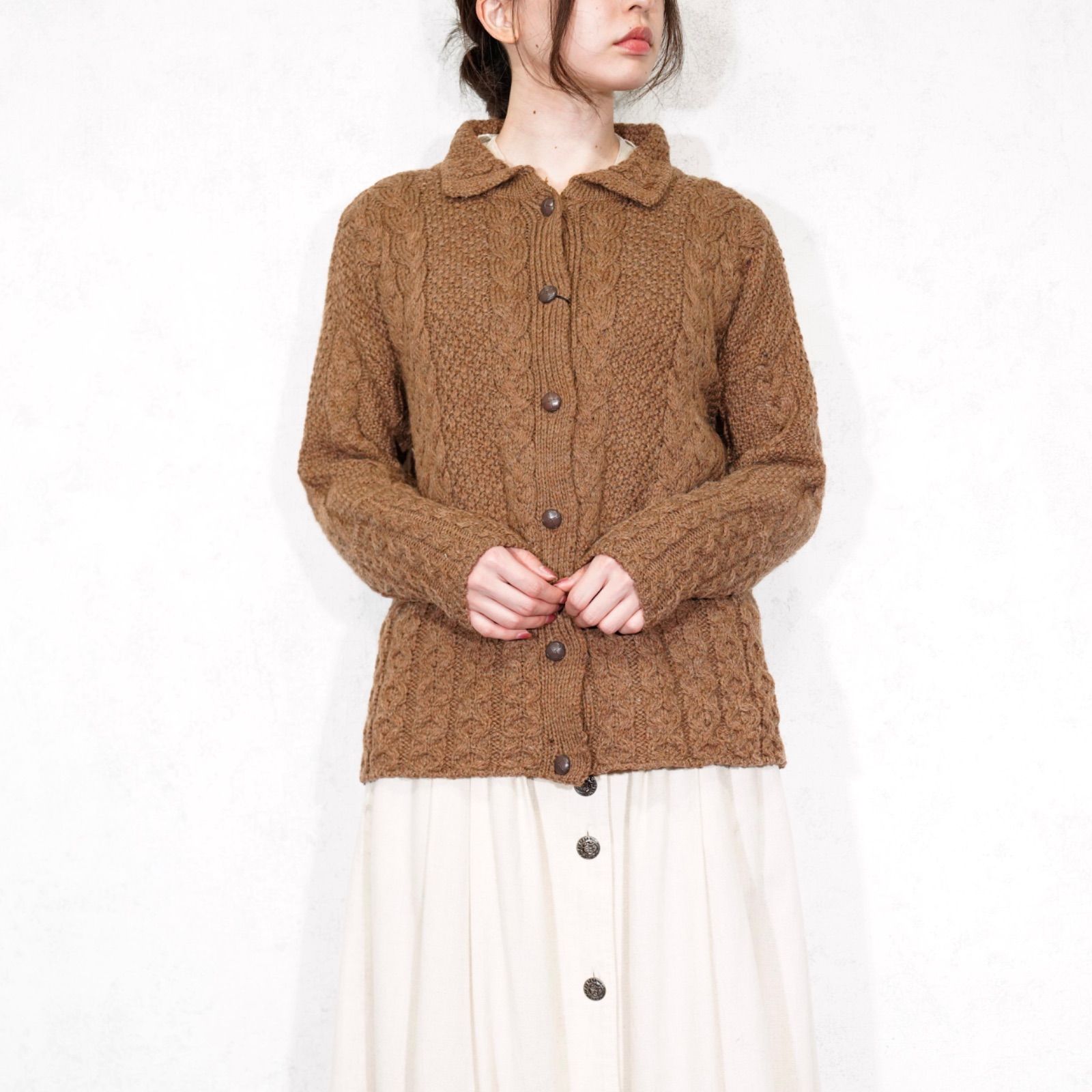 EU VINTAGE Peregrine COLLAR DESIGN CABLE KNIT CARDIGAN JACKET MADE IN ENGLAND|ヨーロッパ古着襟デザインケーブルニットカーディガン ジャケット