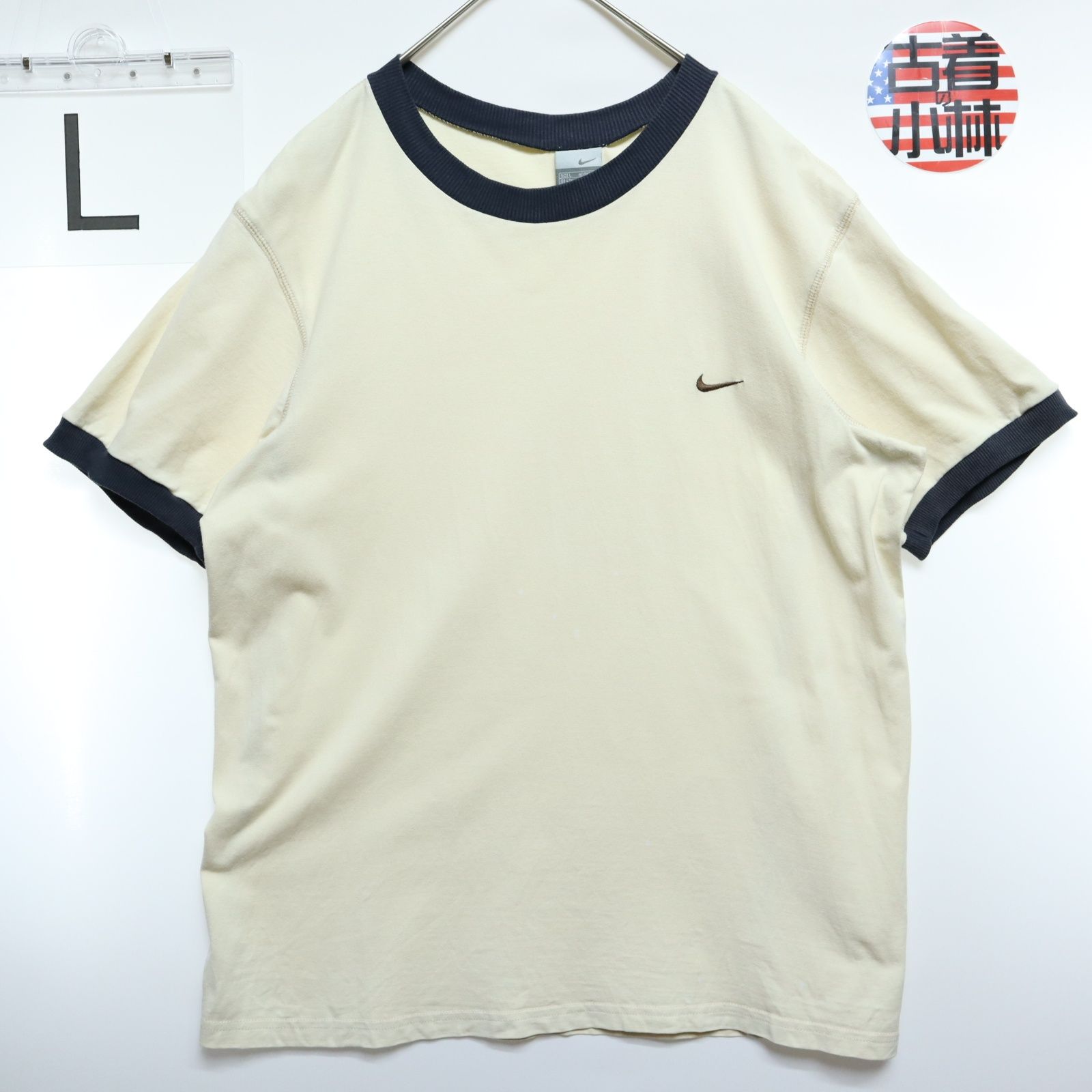 メンズL 【A品】 90s 00s NIKE ナイキ Tシャツ 半袖 リンガーTシャツ 刺繍ワンポイントロゴ 無地 オフホワイトアイボリー 厚手 春夏  ヴィンテージ USA古着 I6b285 - メルカリ