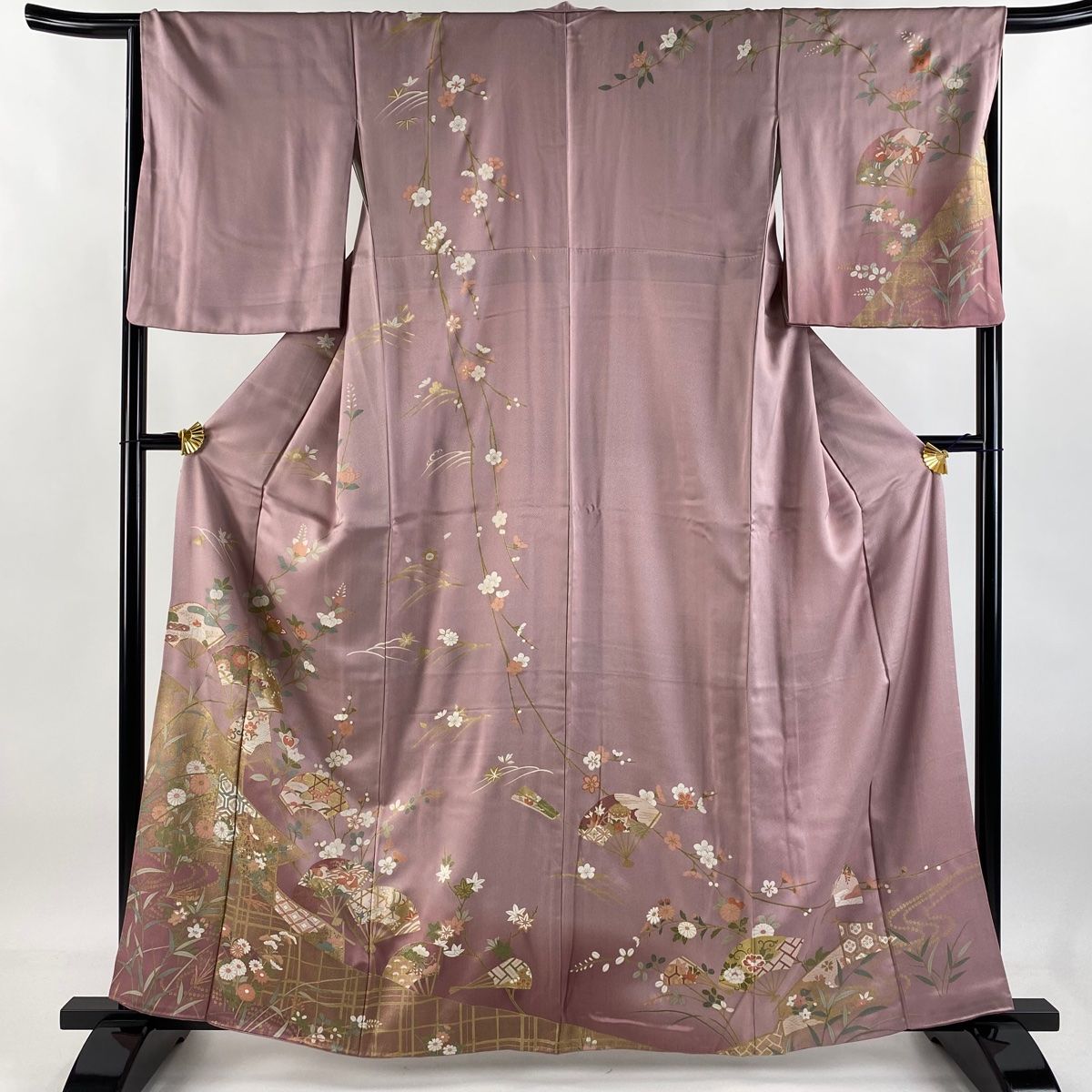 訪問着 身丈162.5cm 裄丈67cm M 袷 扇 草花 金糸 金彩 薄紫 正絹 秀品