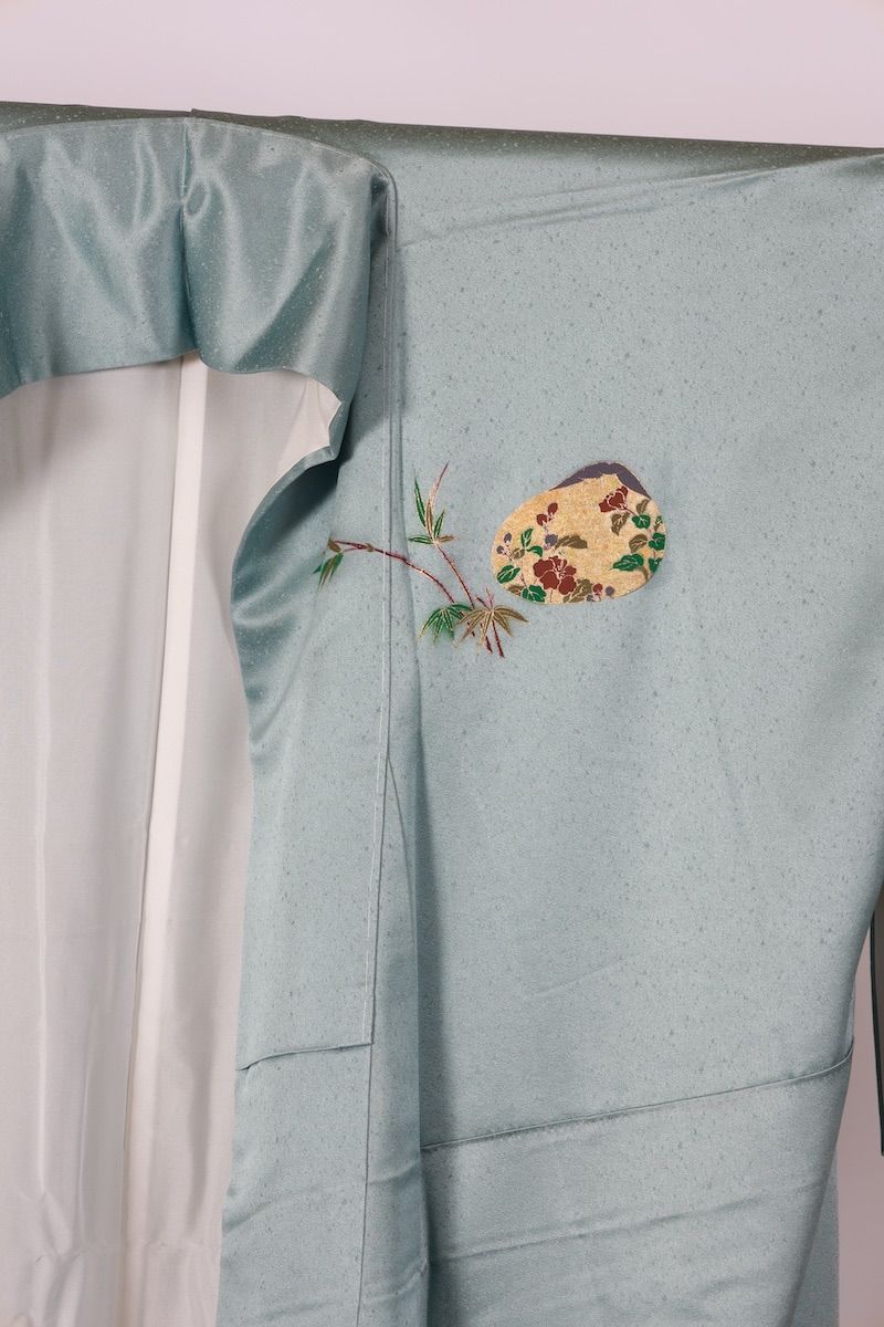 訪問着 ブルーグレー ゴールド 紫 グリーン 白 茶 貝合わせ 花 波 T514  