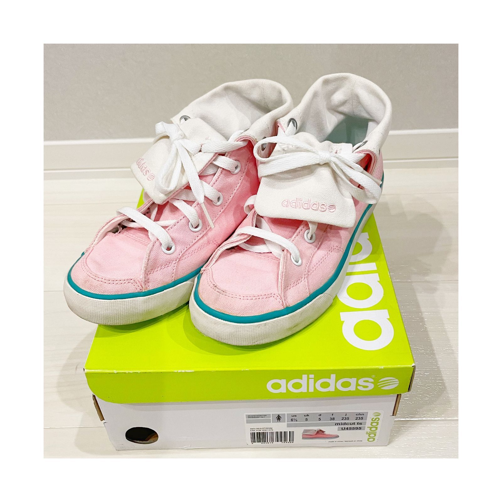 adidas アディダス ミドルカット スニーカー 23.5cm 春夏 グローブロゴ ピンク