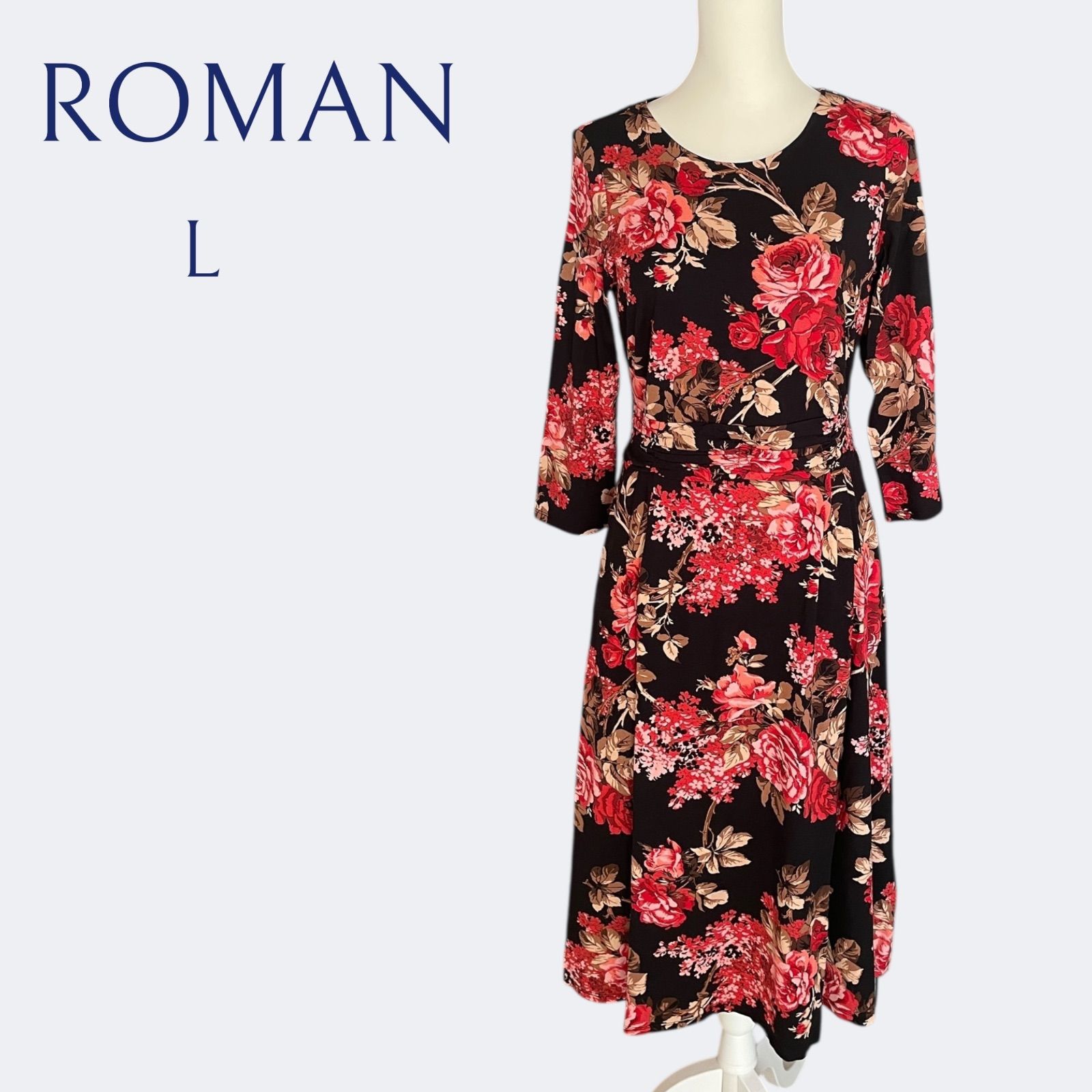 ◆ROMANローマン 秋冬大人ブラックxレッドお花柄柔らかフ ワンピース サイズL| UK12