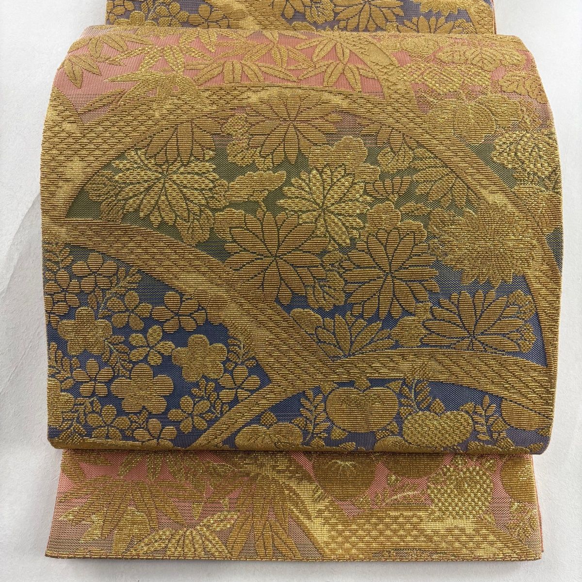 袋帯 名品 菊 笹 金糸 箔 金色 全通 正絹