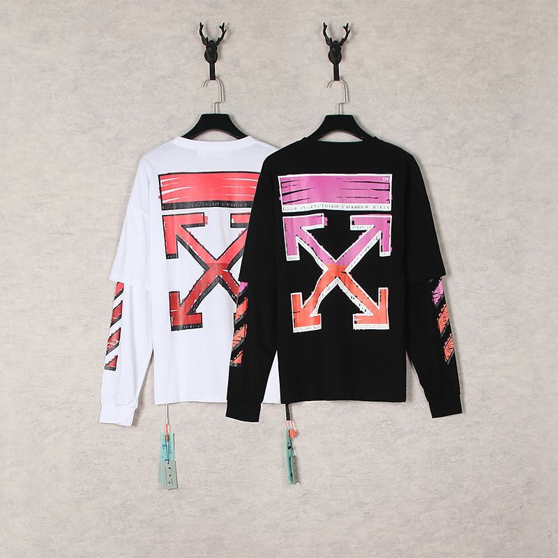 OFF-WHITE クラシックアローグラデーションマーカー落書きプリントフォルスツーピース長袖Tシャツ