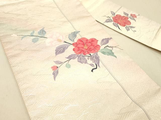 平和屋着物○九寸名古屋帯 青海波吉祥色紙花文 生成り色 正絹 逸品