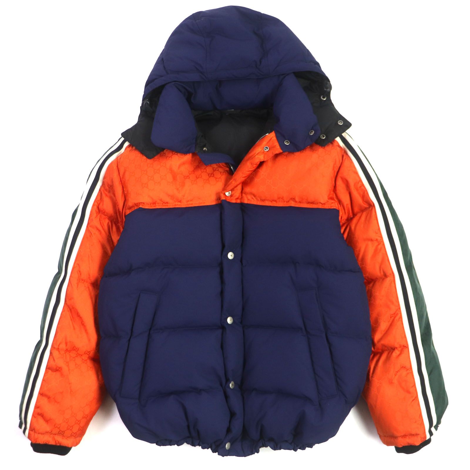極美品 GUCCI グッチ 598728 GGモノグラム切替 ライン入り フード付き WZIP ダウンジャケット オレンジ ネイビー 46 イタリア製 正規品 メンズ