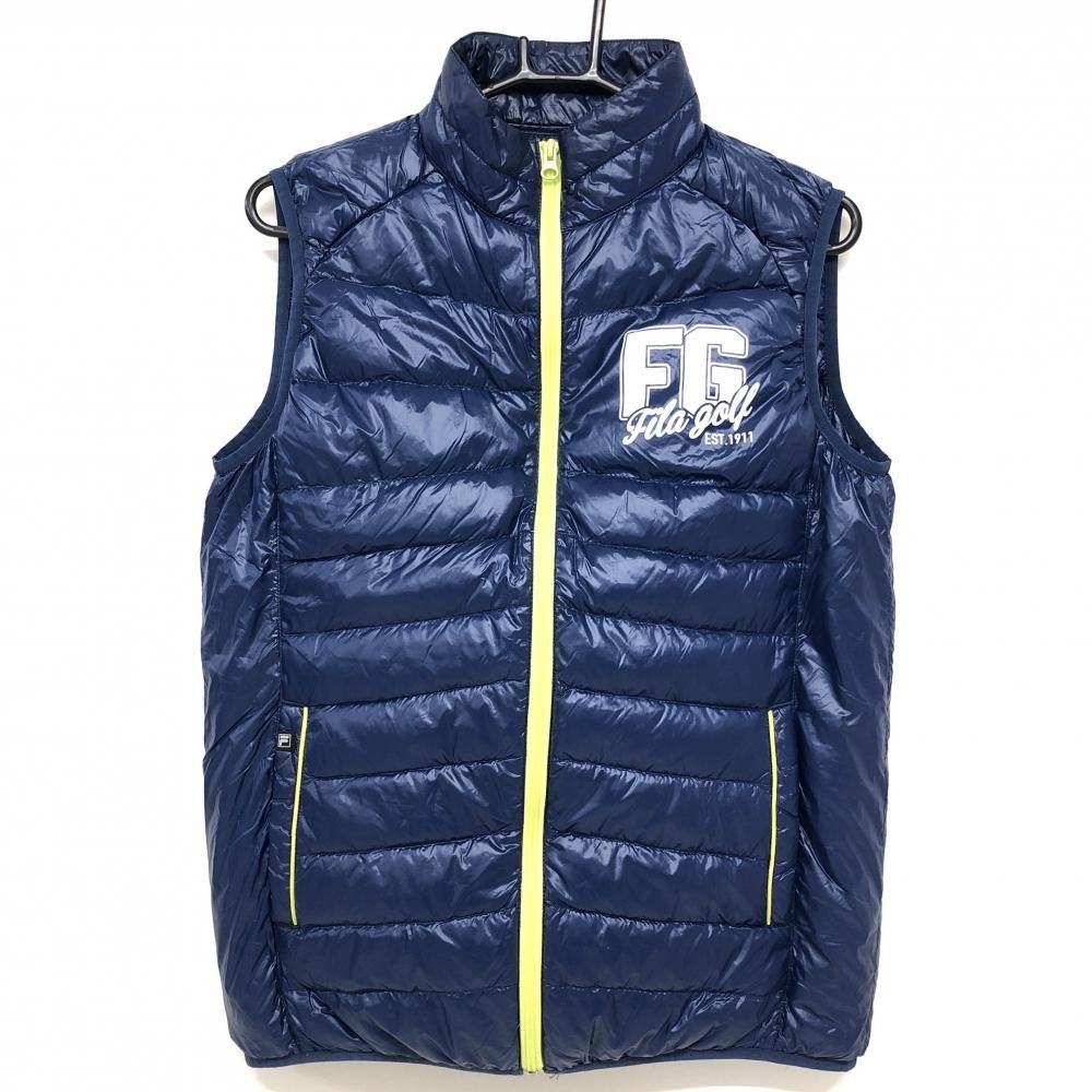 【美品】フィラゴルフ ダウンベスト ネイビー×蛍光イエロー ロゴプリント メンズ L ゴルフウェア FILA GOLF