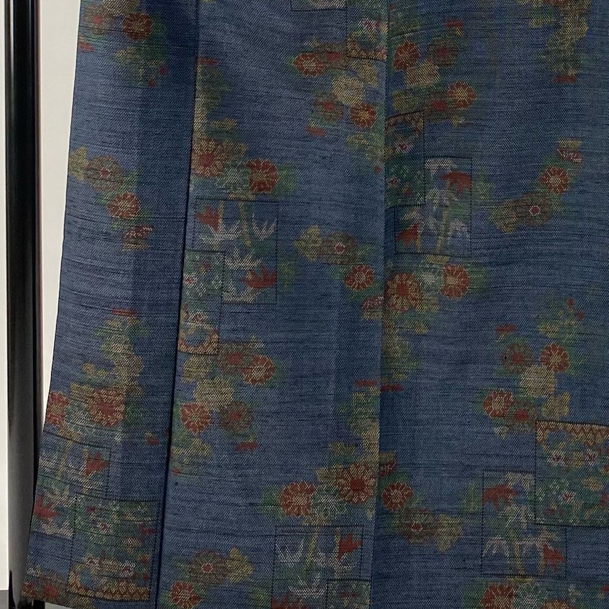 塩沢紬 身丈160cm 裄丈61.5cm S 単衣 証紙 菊 笹 紺色 正絹 美品