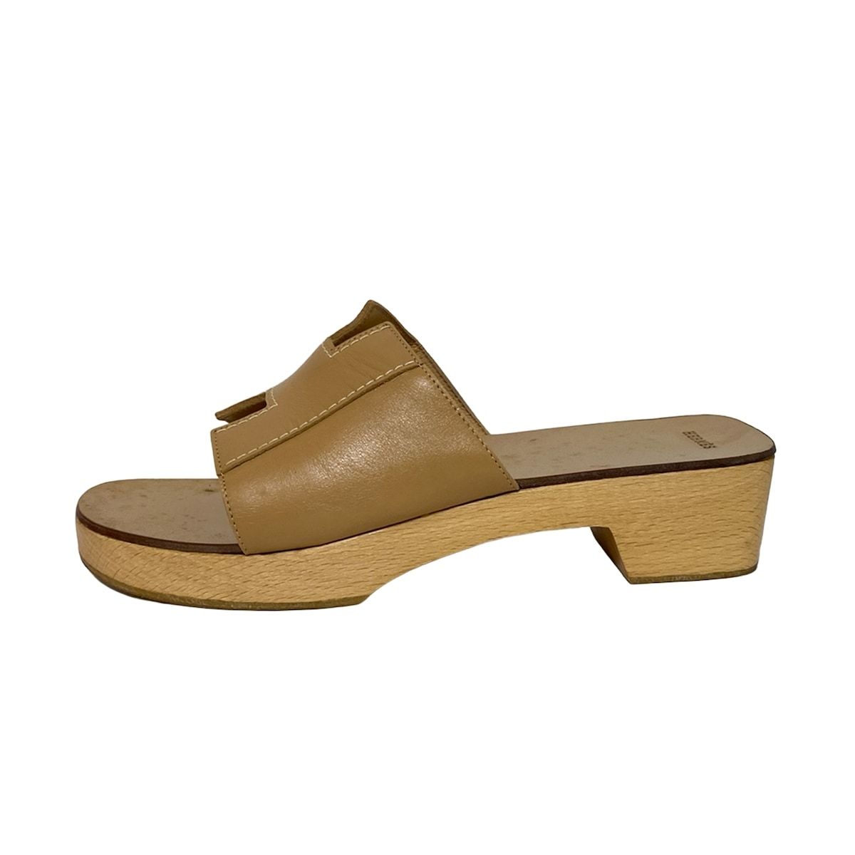 HERMES エルメス ミュール 38 レディース ケブラール ライトブラウン オープントゥ レザー