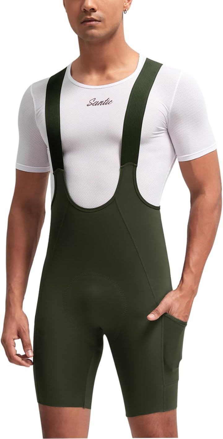 Santic サンティック メンズ サイクルパンツ サイクリングビブパンツ ビブショーツ レーサーパンツ 春夏 吸汗 速乾 弾力 パッド付き ポケット ロードバイク 自転車 グリーン 2XL