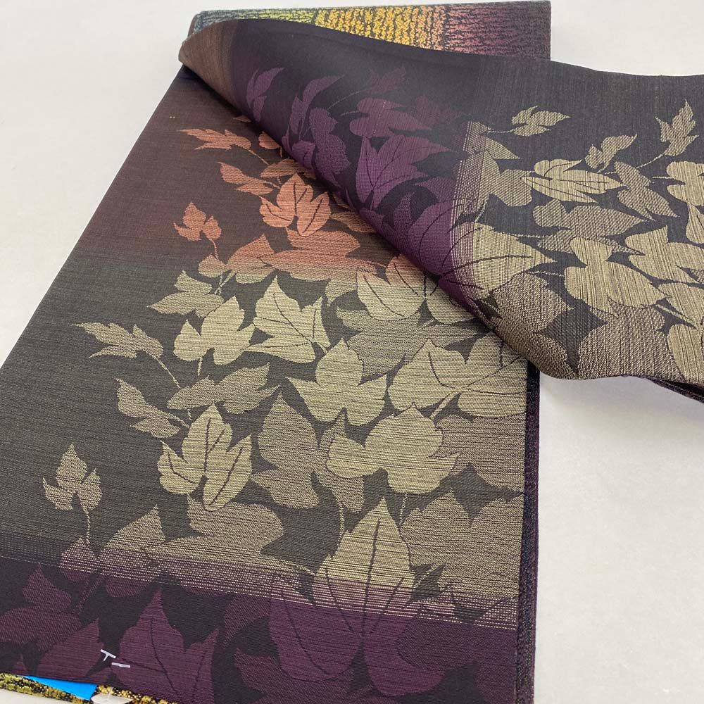 洒落帯 しゃれ帯 緑 黄色 紫 両面 全通 中古 カジュアル リサイクル帯  