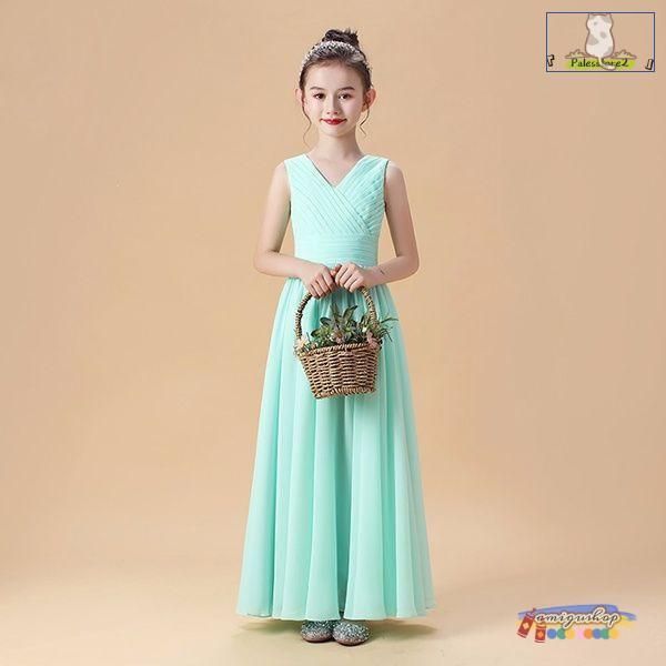 【上品で大人気♪】ピアノ発表会 ドレス 中学生 ワンピース ジュニアドレス 子供ドレス シンプル ネイビー ロング丈 グリーン シフォン お姫様 着やせ 上品 エ 毎日使い