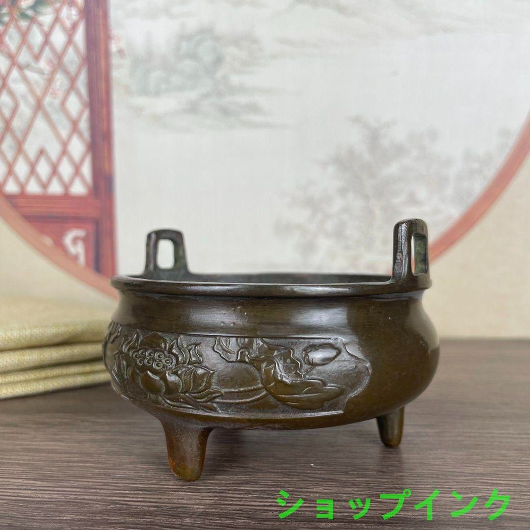 三足浮彫花香炉 仏具 銅製品 工芸品 置物 - メルカリ