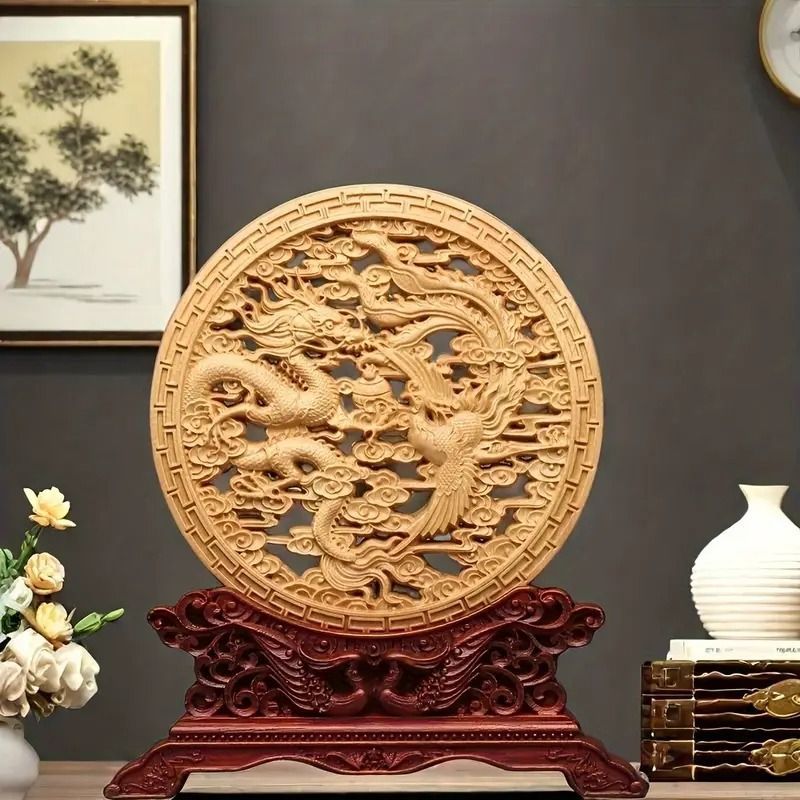木製ドラゴン浮彫り装飾品 置物 装飾品 オーナメント 彫刻 木彫り ドラゴン 龍 鳳凰 木製