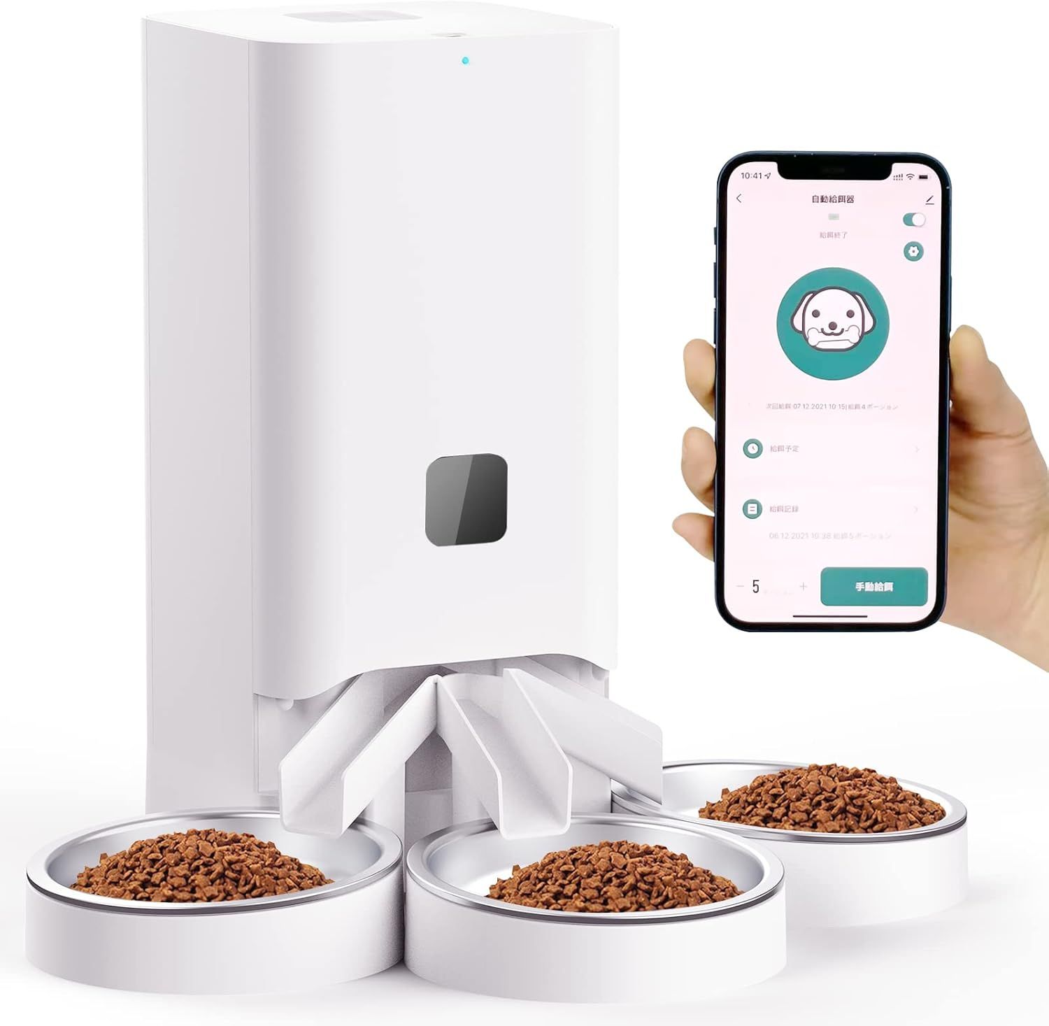 2025最新改良 自動給餌器 猫 中小型犬用 多頭飼い 自動えさやり器 タイマー式 スマホ管理 2WAY給電 IOS Android対応 日本語対応アプリ 日本語説明書 録音可 手動給餌可 多重鮮度保持 6L 三匹