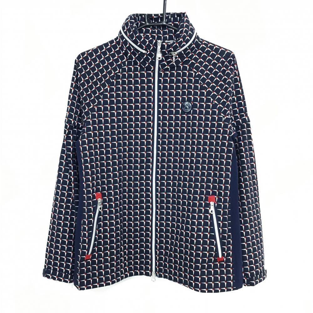 【美品】アダバット 2WAYジャケット ネイビー×白 総柄 フード収納 袖着脱可 裏地メッシュ レディース 38(M) ゴルフウェア adabat