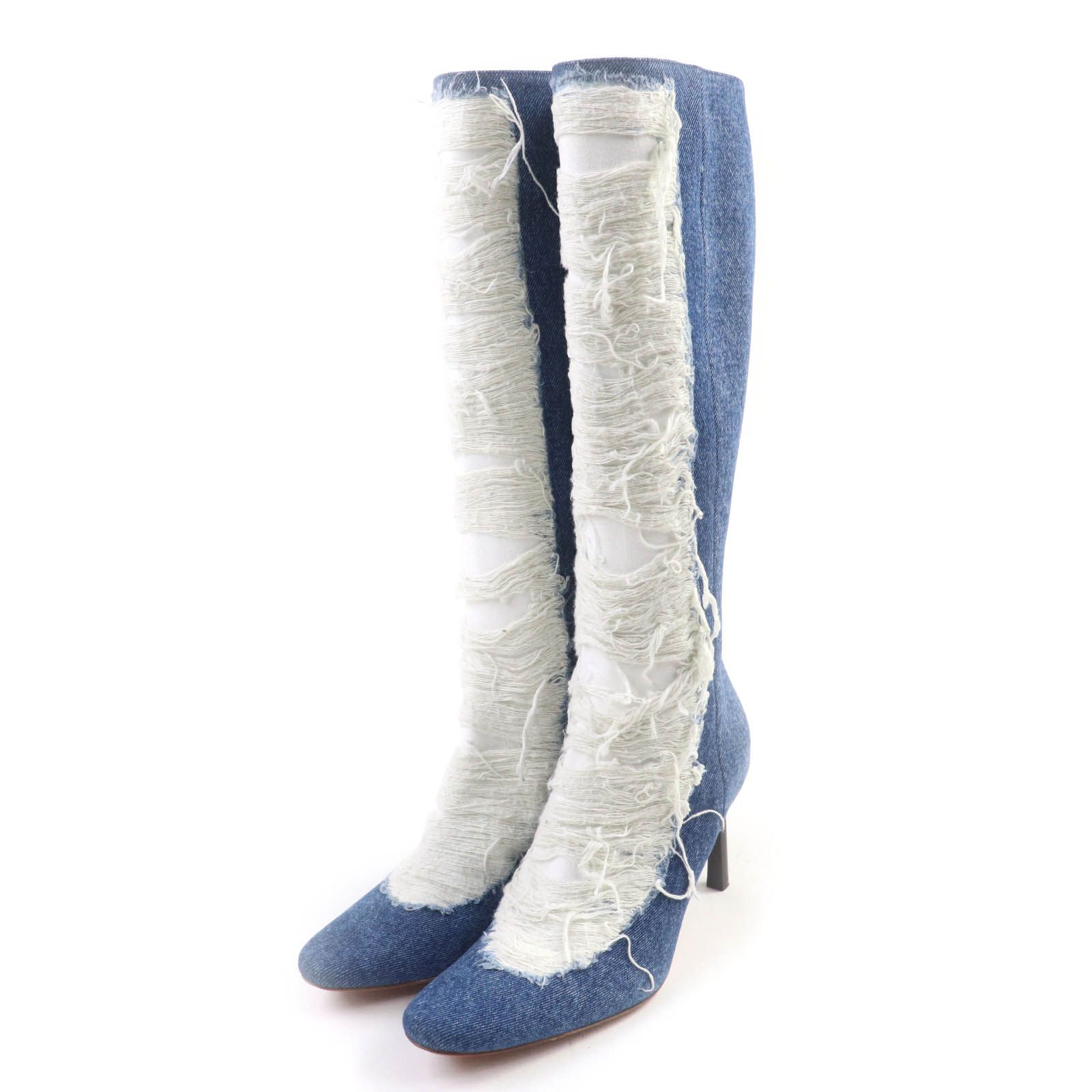 LOEWE ロエベ L815285X36 デストロイ リップドデニム ダメージ加工 ロングブーツ インディゴ 36 保存袋付き イタリア製 レディース