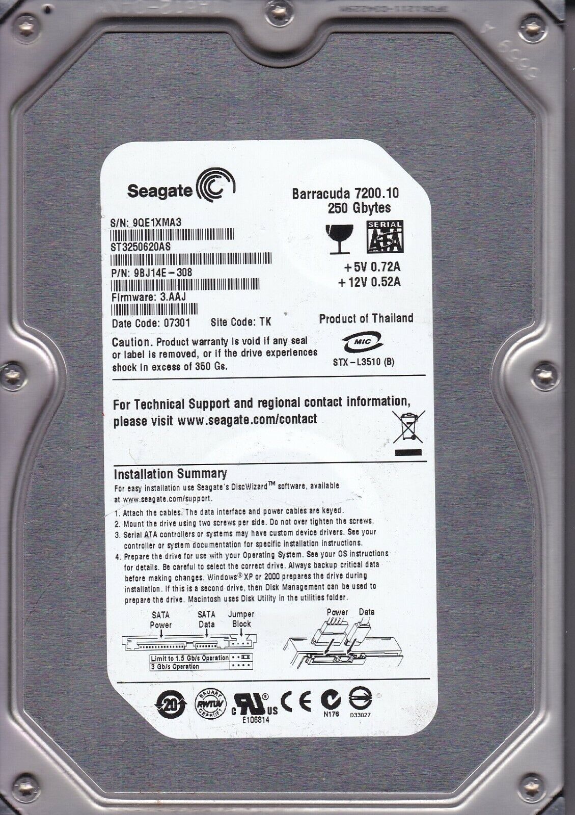 Seagate Barracuda ST3250620AS 9BJ14E-308 3.AAJ 9QE TK 250GB 3.5