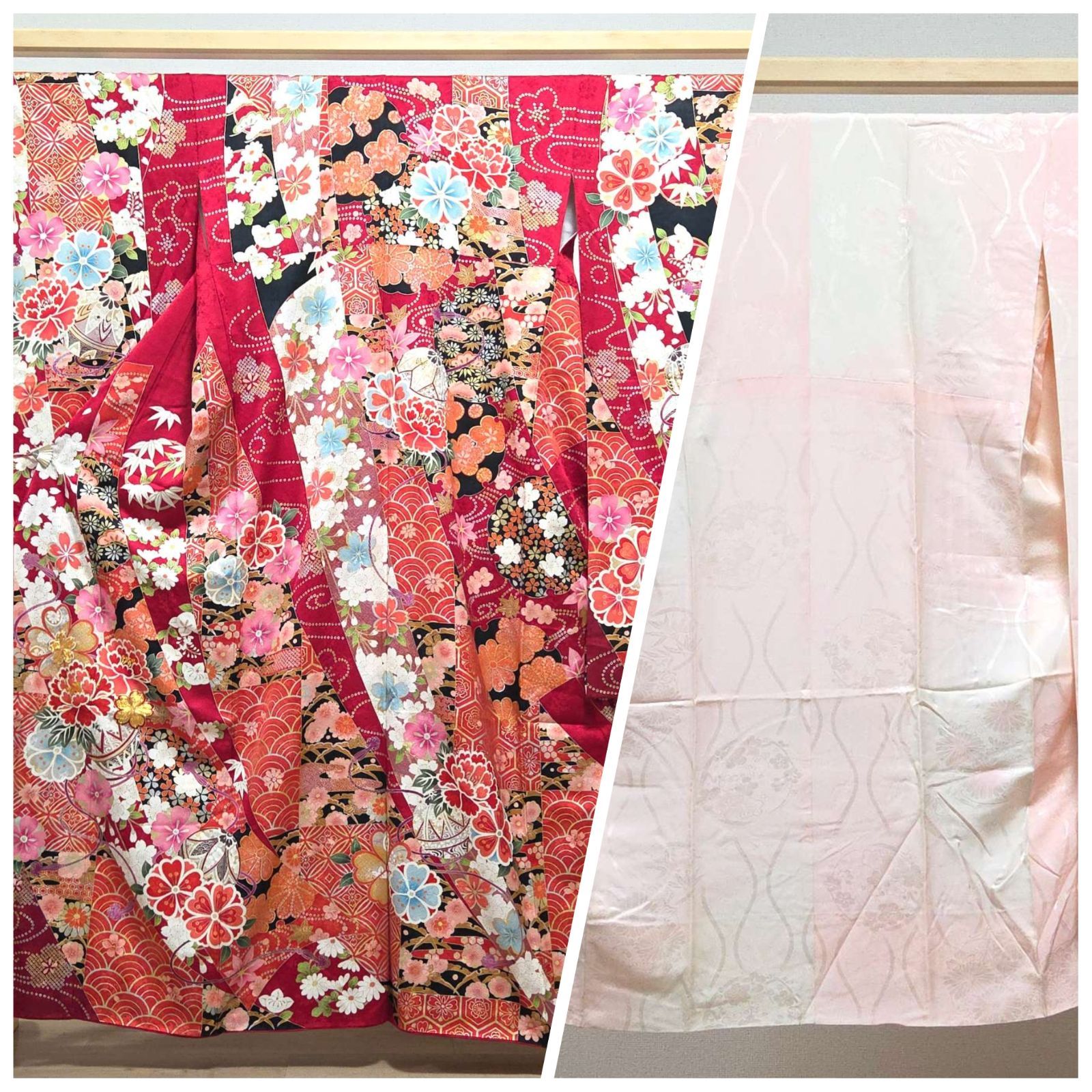 I 着物くつろぎ 振袖 襦袢セット 豪華な花模様 金銀彩 金駒刺繍 丹後ちりめん 牡丹 桜 笹 青海波 七宝 袷 正絹 成人式 着物