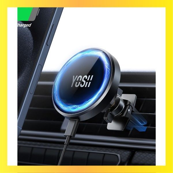 新着JPCH307 YOSH Mag-safe ワイヤレス車充電器 15W 急速充電 磁気吸着 置くだけでくっつく 360度回転 電波干渉なし 吸着力強化 エアコン吹き出し口 Mag-safe 車載 スマホ ホルダー iphone 充電器 ワイヤ
