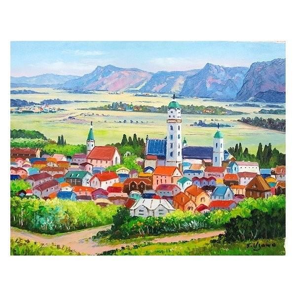 平池のコスモス油絵P6号サイズ保田三友紀の古典画作品ゴールド