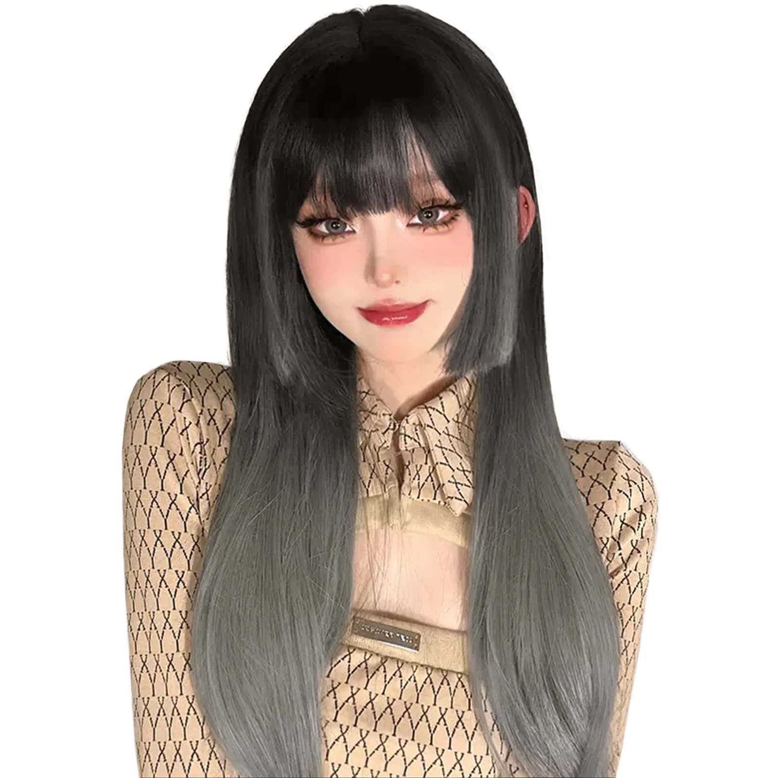 かつら インナーカラー グラデーション 姫カット レディーズ カツラ ストレート ぱっつん 前髪 姫髪 フルウィッグ wig 女装ウィッグ ロング ハロウィン 小顔効果 ウィッグ 原宿系 ロリータ Haw