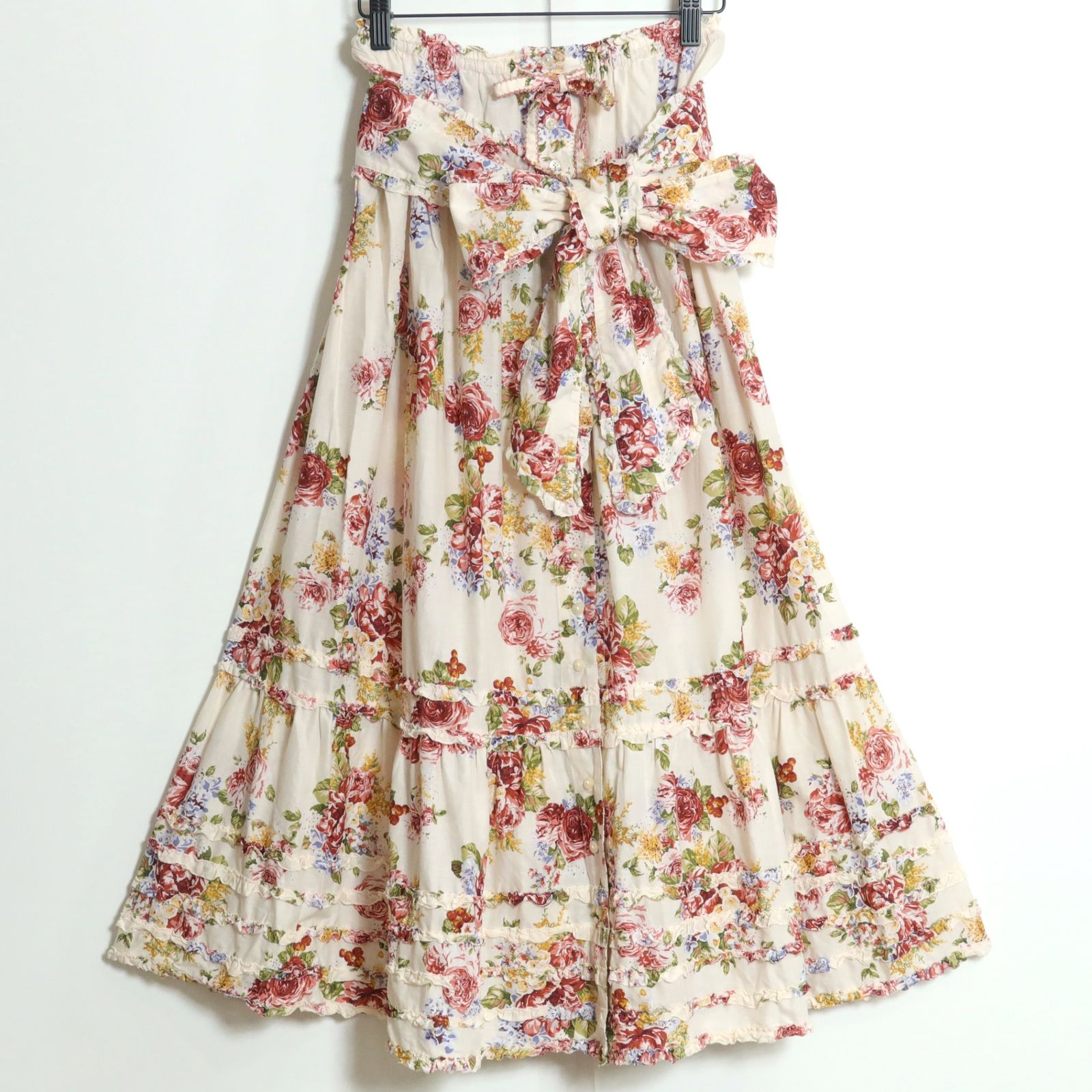 ピンクハウス★豪華！かぶせ段々フリル ♪前開きローンスカート エレガントな花柄 美品！】ピンクハウス☆華やかローンスカート 前開き クリーム色系
