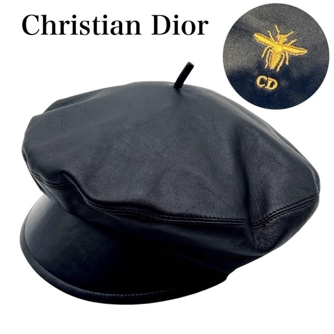 ️ ️クリスチャンディオール ベレー 帽 羊革 シルク 黒 ビー 刺繍
