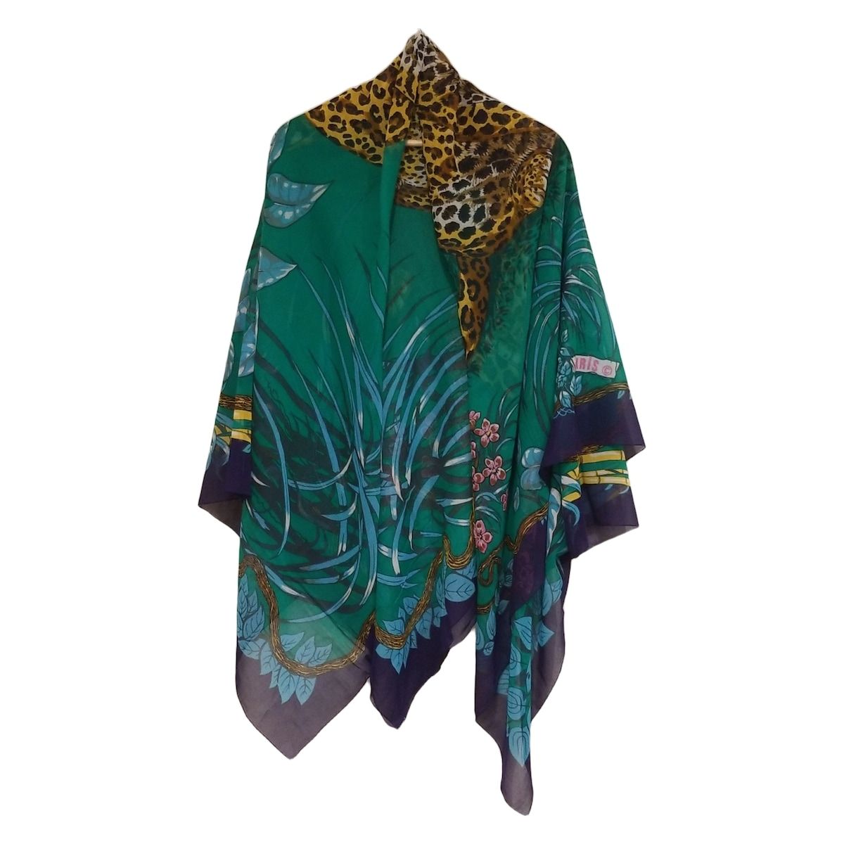 HERMES エルメス ストール ショール - グリーン×ダークネイビー×マルチ パレオ|豹|フラワー 花 コットン