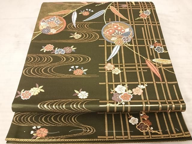 平和屋着物◎六通柄袋帯 唐織 流水枝梅文 金糸 正絹 逸品