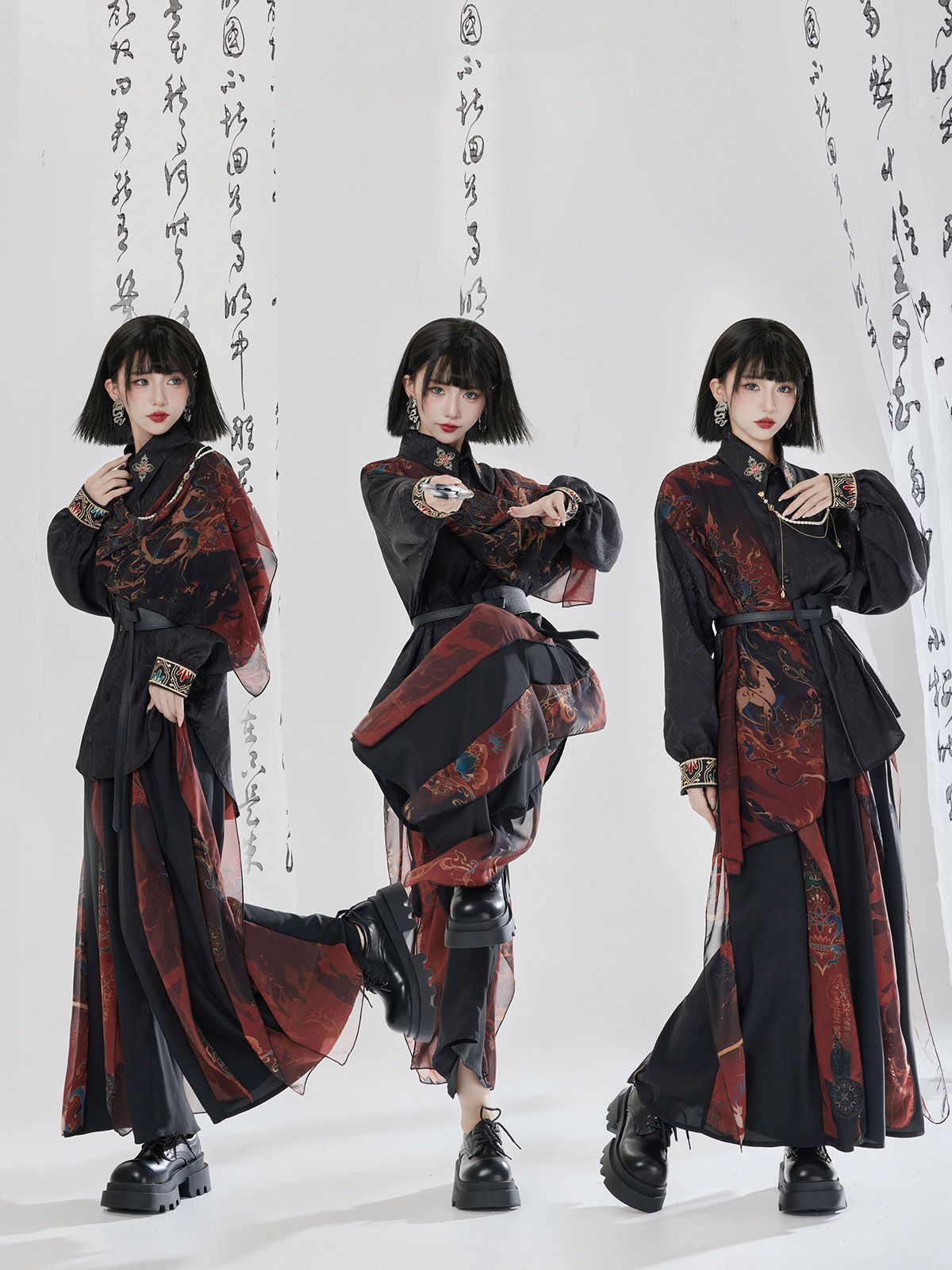 敦煌風 < 武侠風 中華風 豪華刺繍 豪華4点セット 上衣 パンツ 襟飾り ウエストチェーン 撮影会 舞台演出 推し活 ハロウィン 仮装 イベント用 プレゼントにも最適