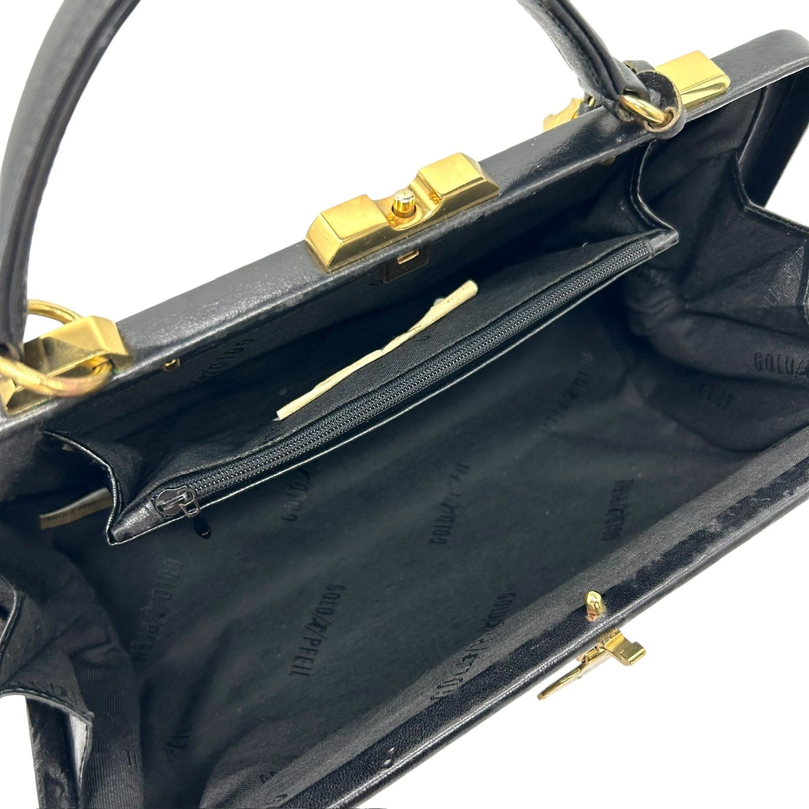 GOLD PFEIL ハンドバッグ がま口 ダレス レザー ブラック 1355
