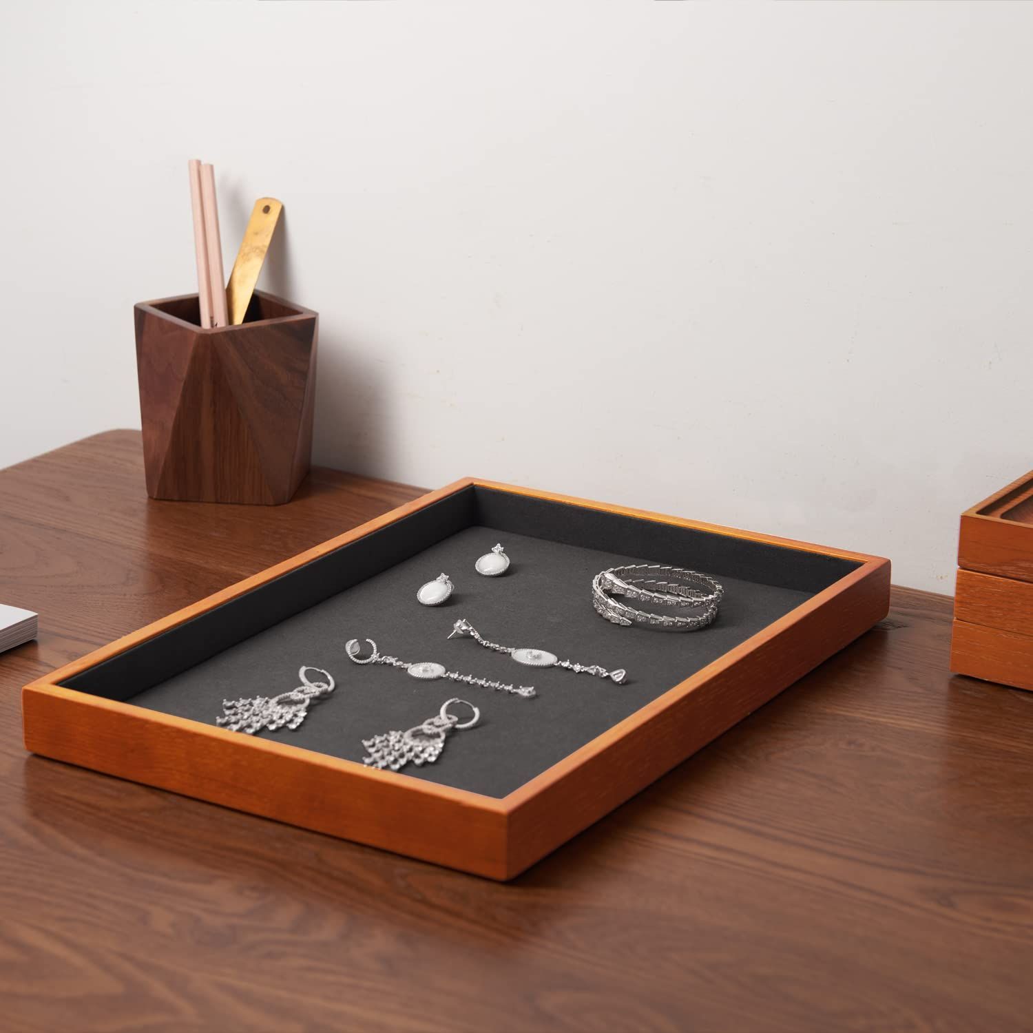 数量 フラットトレイ ジュエリートレイ 木製 ネックレス ブレスレット ピアス 指輪 小物置き Oirlv おしゃれ P04902 A 仕切りなし ダークグレー