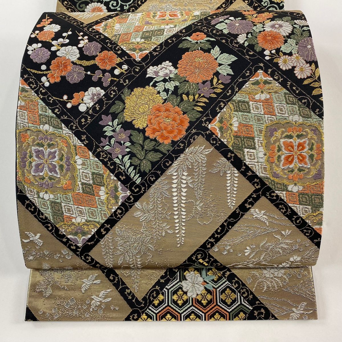 袋帯 秀品 華文 草花 金銀糸 箔 黒 六通 正絹