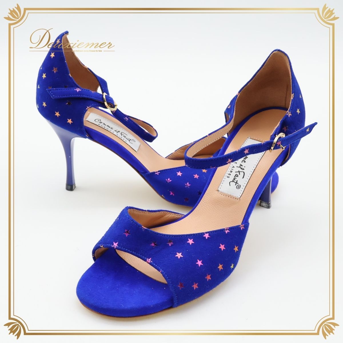 【社交ダンス用衣装】サイズ37 Comme il Faut ブルー タンゴ ダンス シューズ レディース 青 ヒール ベロア 女性 星 可愛い 綺麗 きれいめ 女性用 ストラップ 映え 派手 大人っぽい スタイルアップ エレガント シンプル キラキラ サンダル