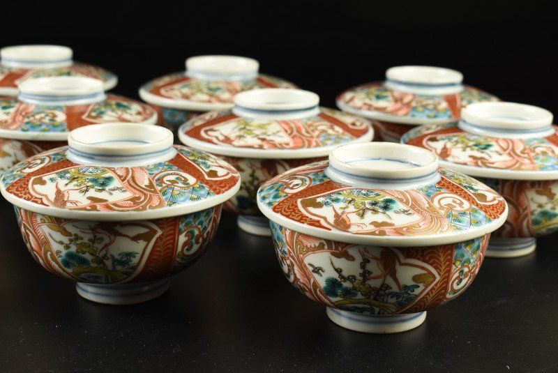 蔵c9453a 肥前 錦手窓絵文 蓋茶碗 蓋物 十客
