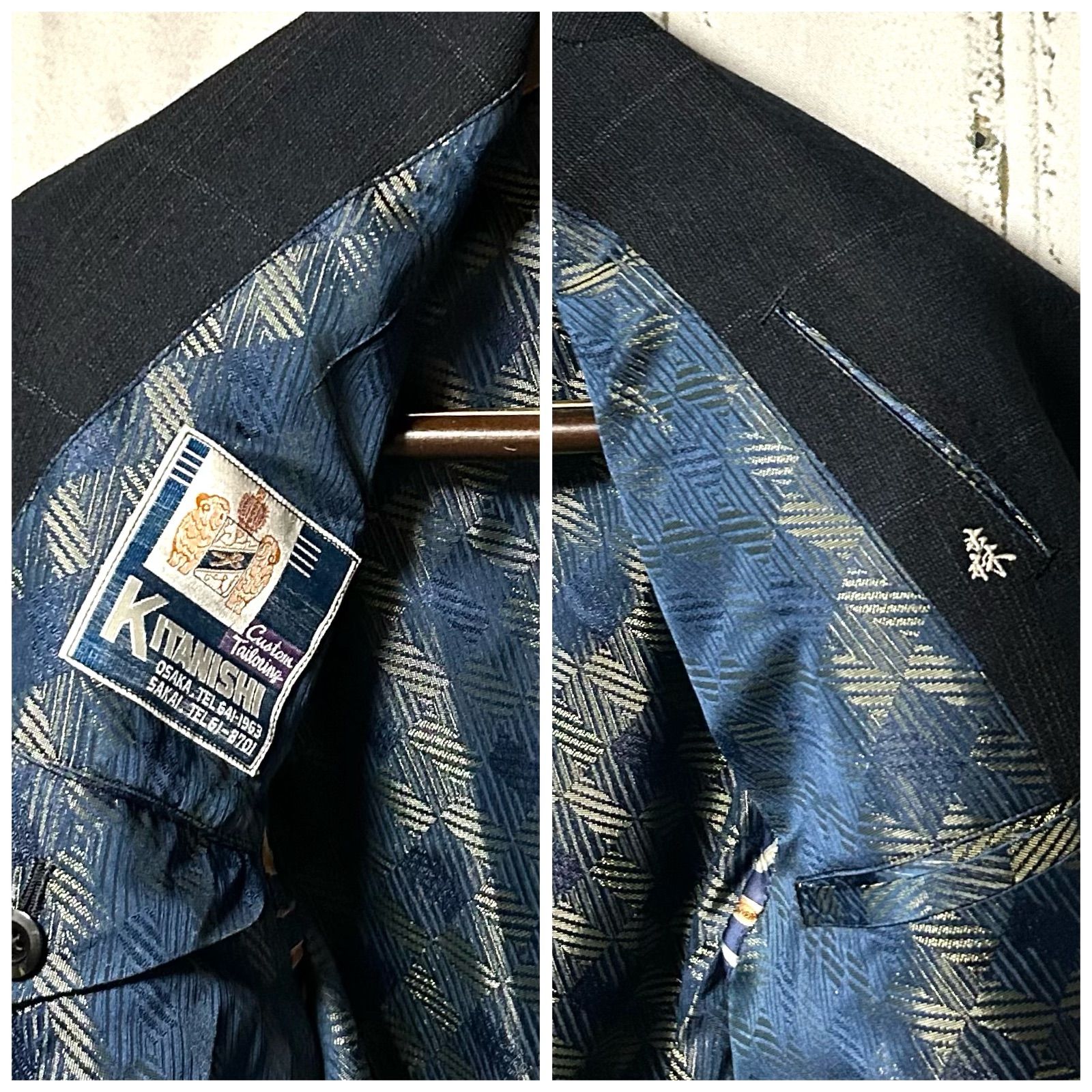 60S ヴィンテージ セットアップ 3ピース シングル スーツ チェック 濃紺 青黒 L～XL相当 ジャケット ベスト スラックス 1タック 春秋冬 クラシカル フォーマル 冠婚葬祭 ドレスカジュアル 成人式 結婚式 菅田将暉 吉沢亮 Vintage KANDAIZUMI_COM