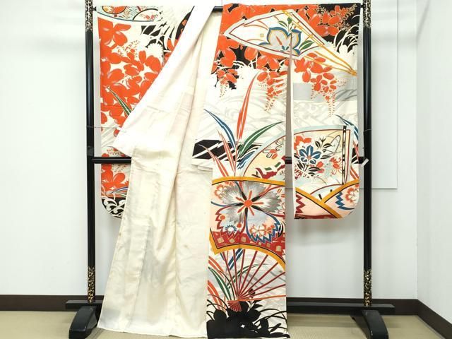 平和屋本店■希少　夏物　アンティーク　大正ロマン　振袖　絽袷　絽×絽　扇面飛鶴花文　金銀彩　逸品　CZAA3754s5 平和屋本店□希少 夏物 アンティーク 大正ロマン 振袖 絽袷 絽×絽 扇面