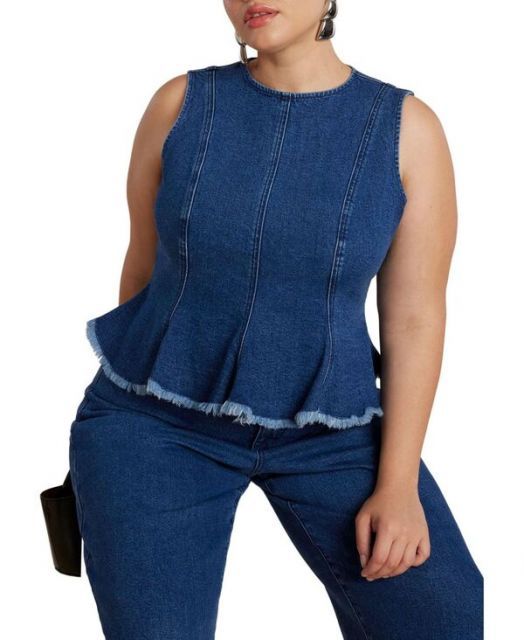 送料無料 エロクイ レディース シャツ トップス Women s Plus Size Denim Peplum Top Dark wash