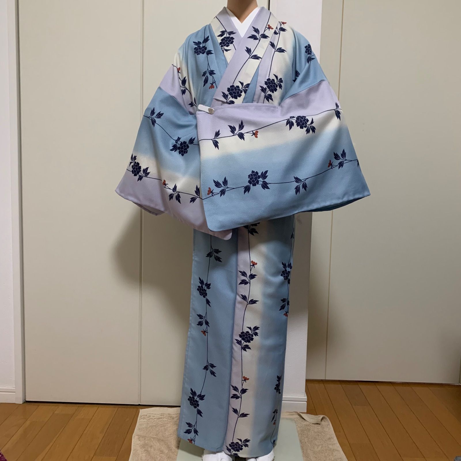 R-1290 着物 単衣 小紋 裄68センチ ポリエステル100％ L