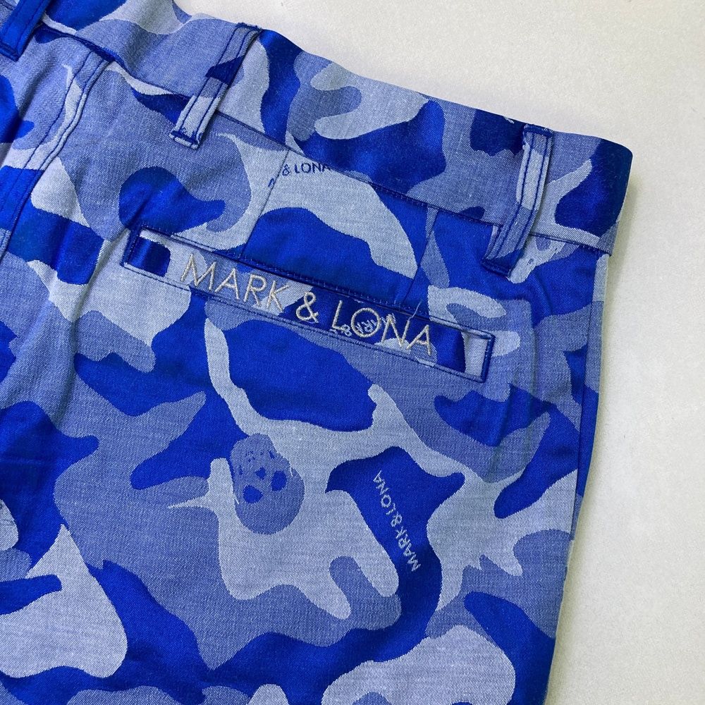 サイズ S MARK-LONA マークアンドロナ ストレッチハーフパンツ ロゴ×カモフラ柄 ブルー系 240101539764 ゴルフウェア メンズ ストスト LLC-HASEGAWATOSO_COM