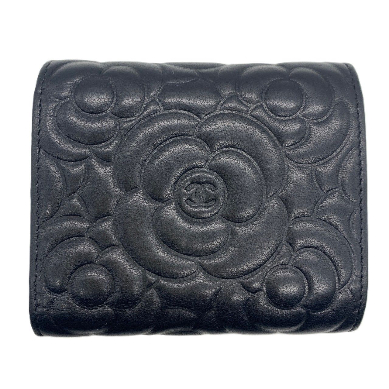 シャネル 三つ折り 財布 カメリア ブラック レザー レディース CHANEL 