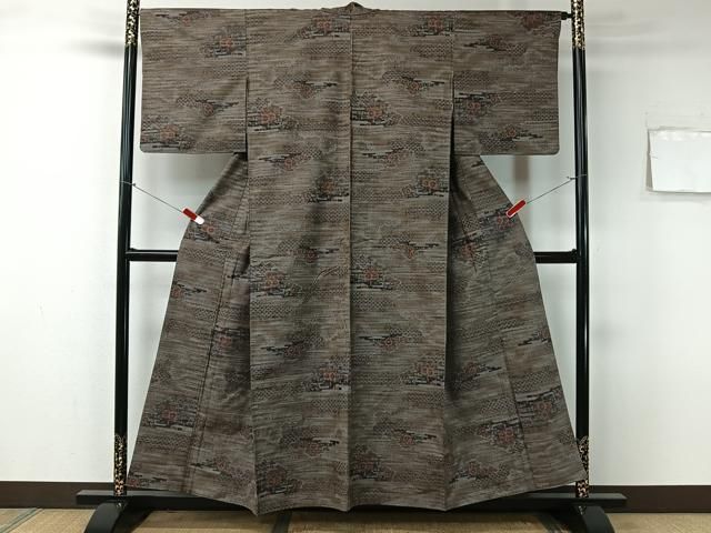 平和屋着物▽上質な紬 単衣 市松間道 銀糸 正絹 逸品 DAAQ3589az