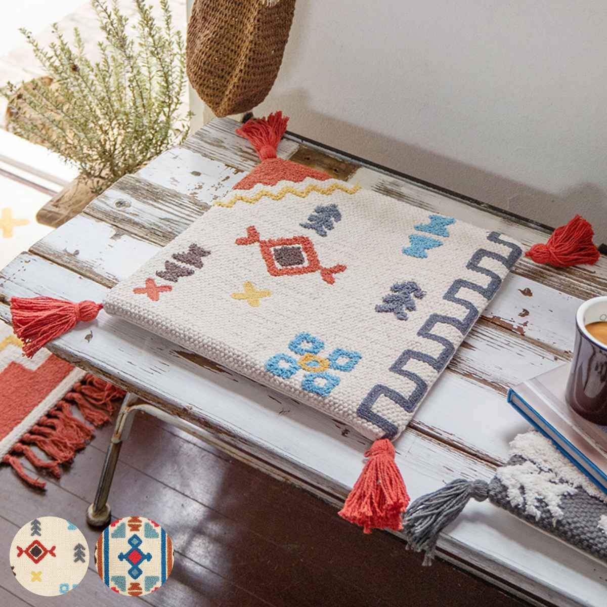 チェアパッド 33×33cm ボーホータッチ エスニック ハンドメイド （ チェアマット 四角 スクエア クッション シートクッション チェアクッション BOHO 民族柄 おしゃれ ウレタン 座布団 マット 