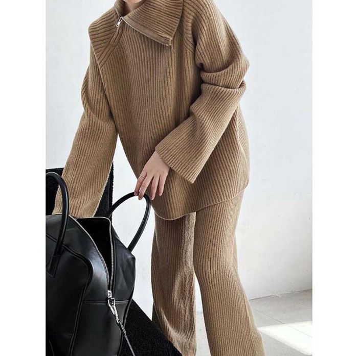 ニットセットアップ パンツ ニットパンツ レディース セットアップ ニット 秋冬 長袖 冬 リブニット タートルネック セーター 2点セット 上下セット 厚手 リブ ワイドパンツ ウエストゴム レディースファッション きれいめ mVcv771