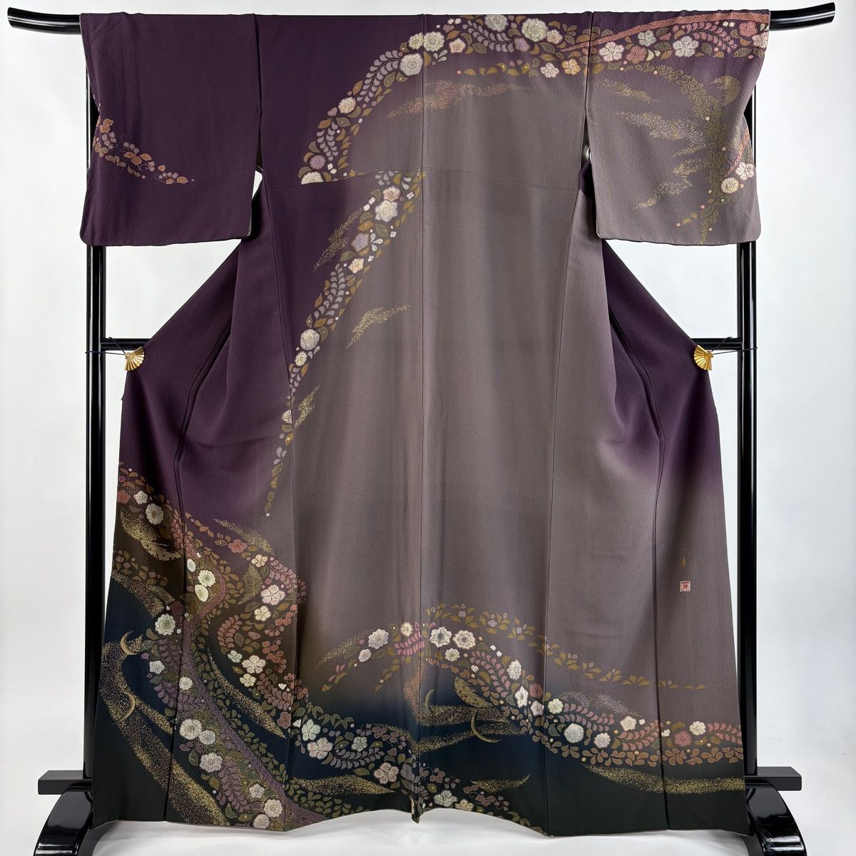 訪問着 身丈165.5cm 裄丈69cm L 袷 吉乃一廉 落款 辻ヶ花 流水 金彩 染め分け 濃紫 正絹