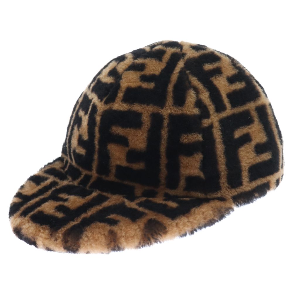 【美品】FENDIフェンディ ズッカ柄 ファーキャスケット ブラウン×ブラック FENDI (フェンディ) カシミア混 FFロゴ ファー ズッカ柄
