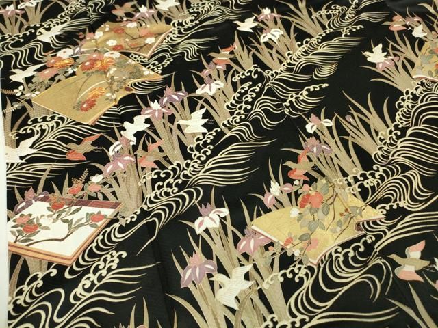 平和屋本店■極上　十日町老舗ブランド　吉澤友禅　吾妻徳穂　訪問着　駒刺繍　冊子花鳥文　千鳥　黒地　金彩　逸品　DZAA5335kh5 平和屋本店□極上 十日町老舗ブランド 吉澤友禅 吾妻徳穂 訪問着 駒